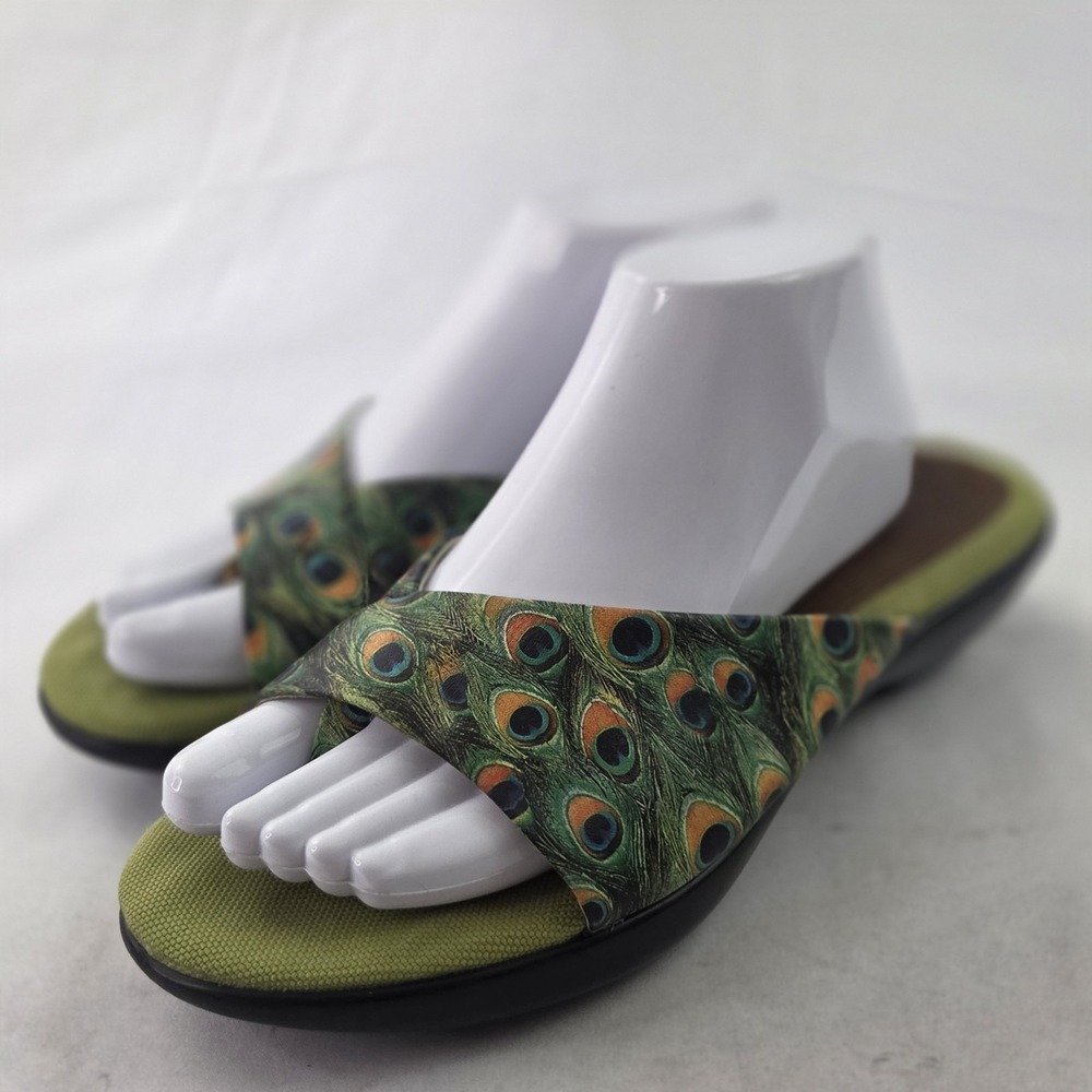 Icon Wearable Art Slide Sandals Womens 10 Green Peacock Print Slip On Boho Chic